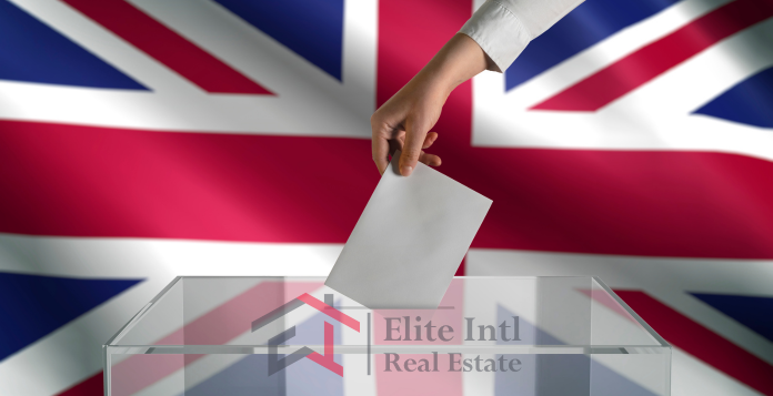 England flag with transparent ballot box with a envelope and elite intl real estate logo
